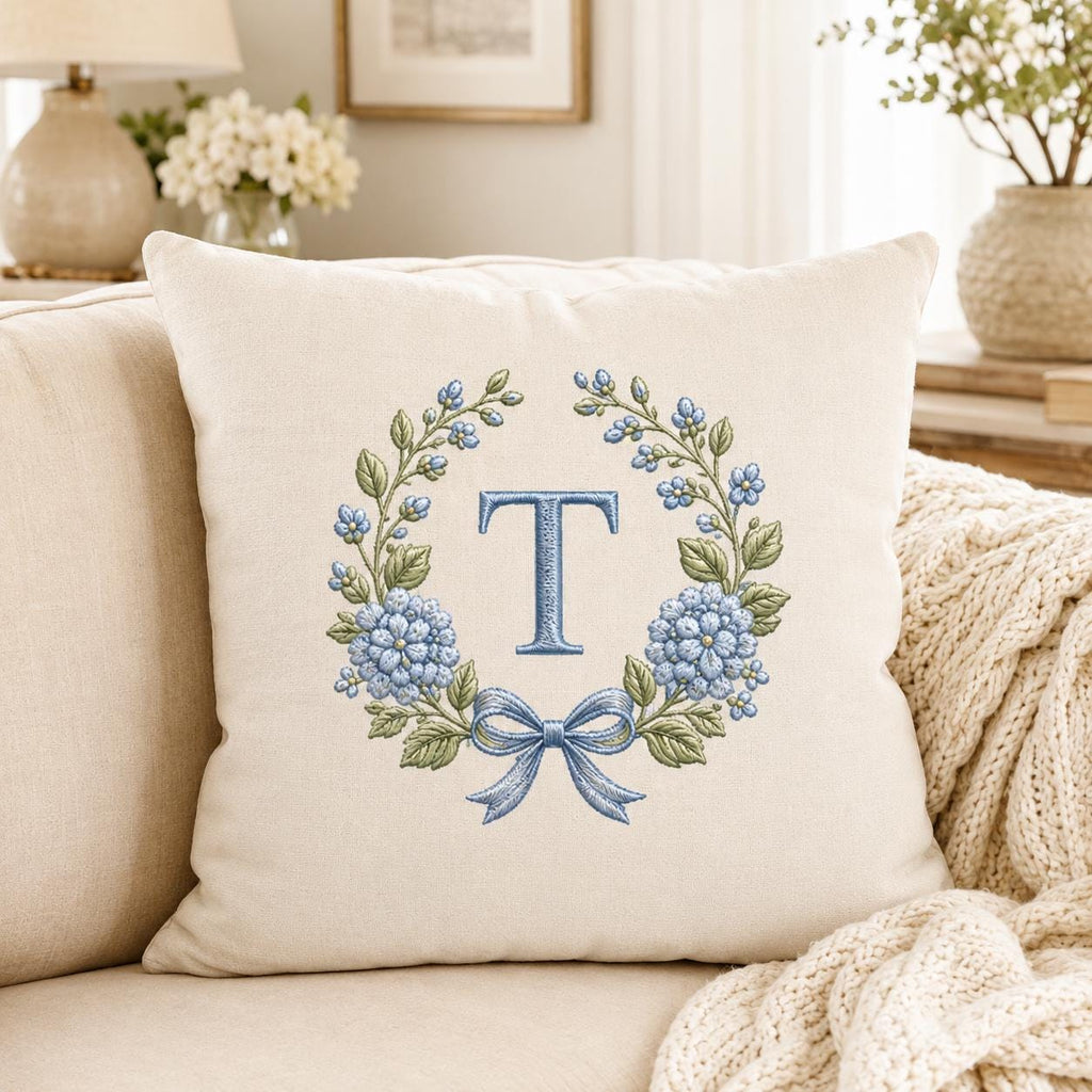 Blue Floral Monogram Alphabet Embroidery Design, Bow Wreath Initial Machine File, A-Z Letters, 5 Sizes, Digital Download - image 9