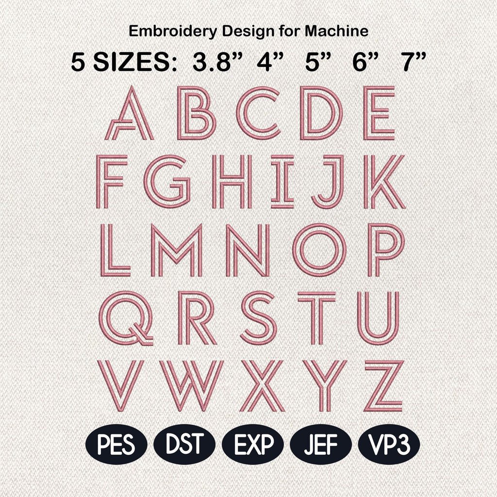 Pink Outline Alphabet Embroidery Design, Modern Monogram Letters Machine File, A-Z Initial Font, 5 Sizes, Digital Download