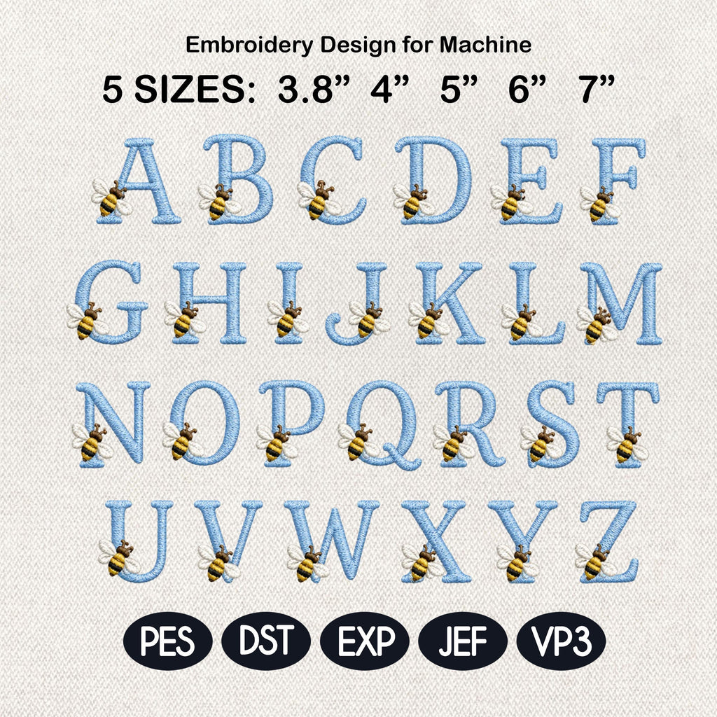 Bee Monogram Alphabet Embroidery Design, Blue A-Z Letter Machine File, Honey Bee Initial Font, 5 Sizes, Digital Download