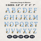 Bee Monogram Alphabet Embroidery Design, Blue A-Z Letter Machine File, Honey Bee Initial Font, 5 Sizes, Digital Download