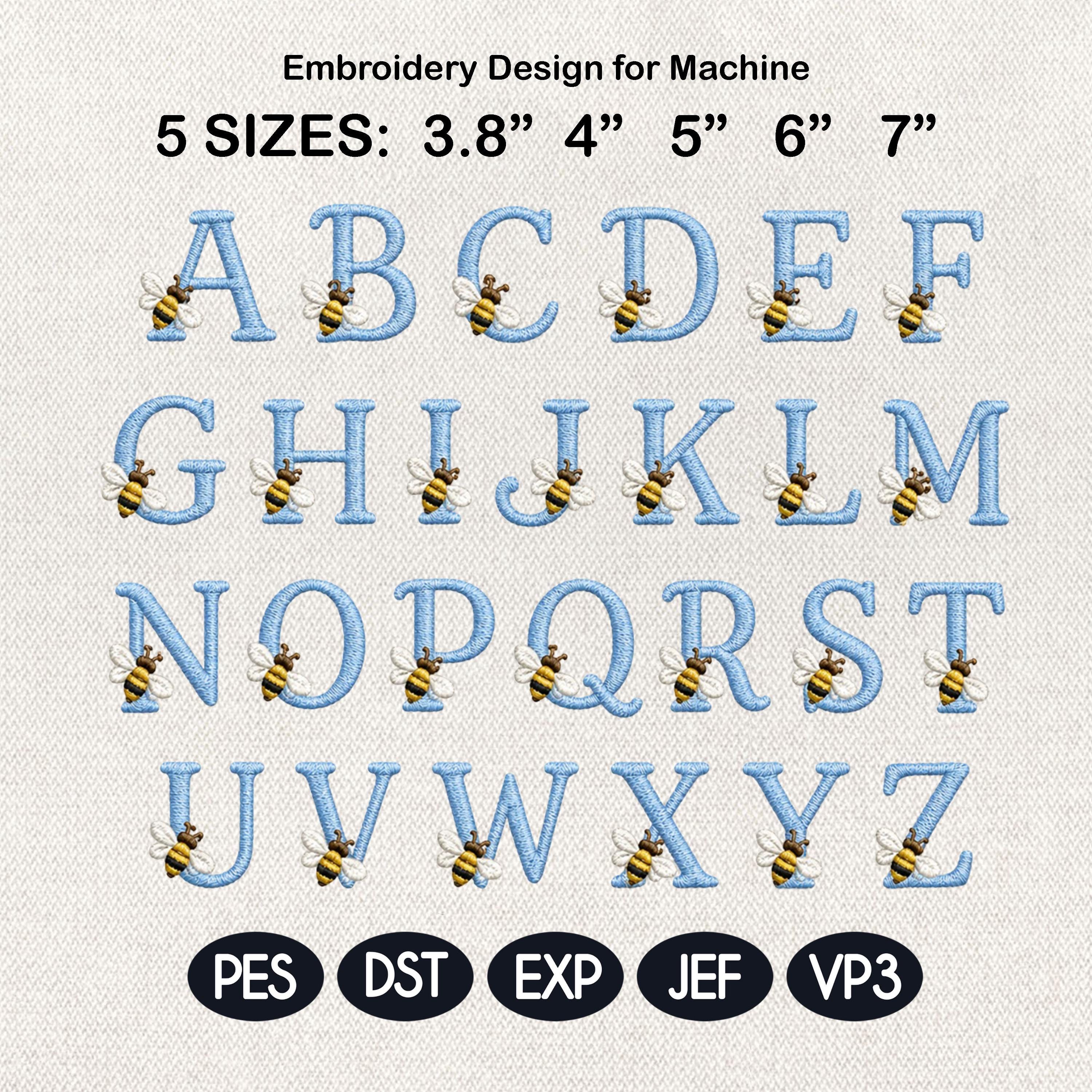 Bee Monogram Alphabet Embroidery Design, Blue A-Z Letter Machine File, Honey Bee Initial Font, 5 Sizes, Digital Download
