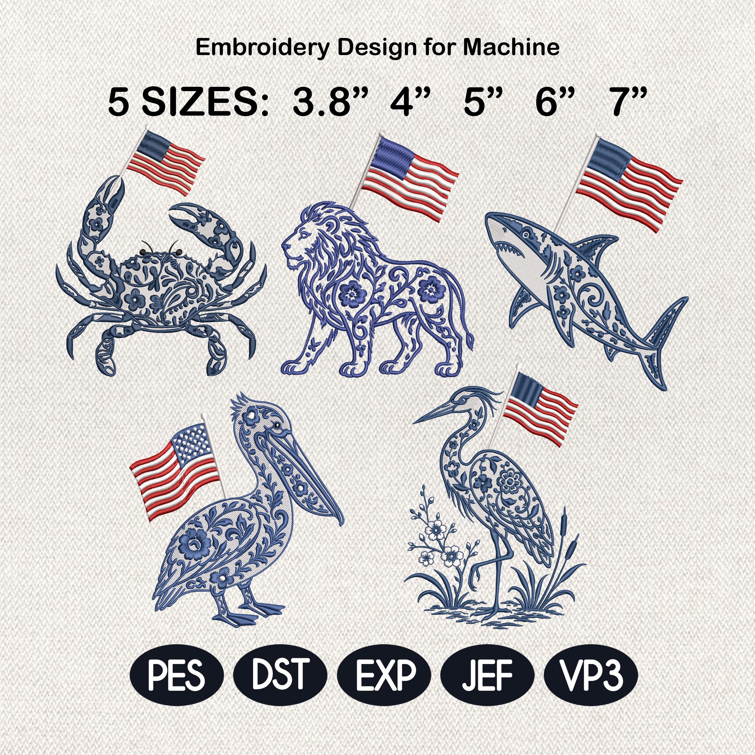 Chinoiserie Patriotic Animal Embroidery Bundle, Crab Lion Shark Pelican Heron USA Flag Machine File, 5 Sizes, Digital Instant Download