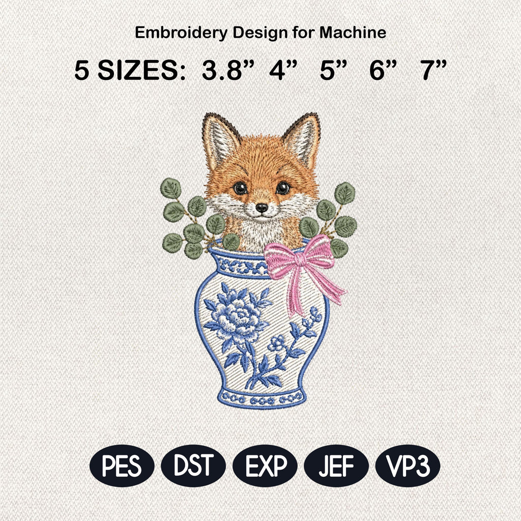 Fox Chinoiserie Vase Embroidery Design, Cute Woodland Animal Machine File, 5 Sizes, Digital Download