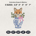 Fox Chinoiserie Vase Embroidery Design, Cute Woodland Animal Machine File, 5 Sizes, Digital Download