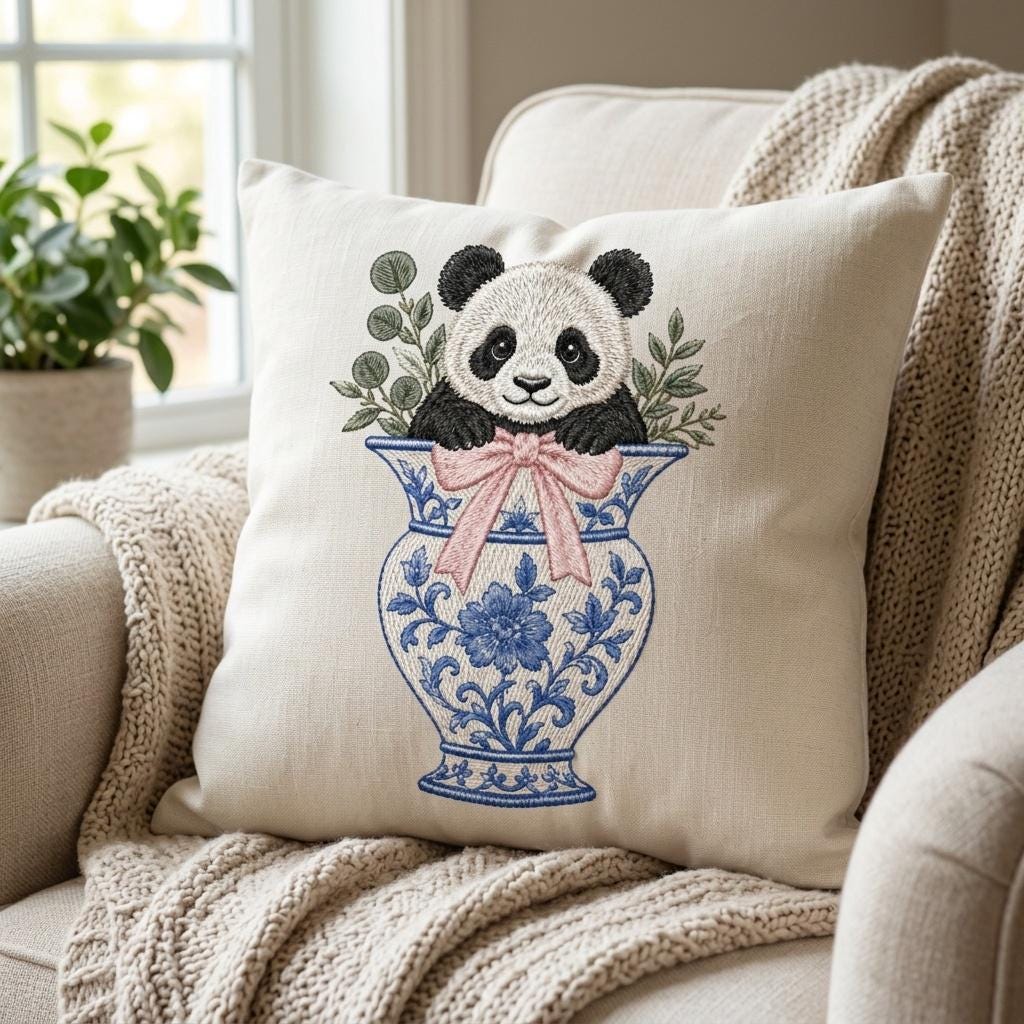 Panda Chinoiserie Vase Embroidery Design, Cute Baby Panda Machine File, 5 Sizes, Digital Download - image 4