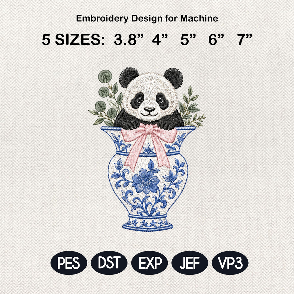 Panda Chinoiserie Vase Embroidery Design, Cute Baby Panda Machine File, 5 Sizes, Digital Download