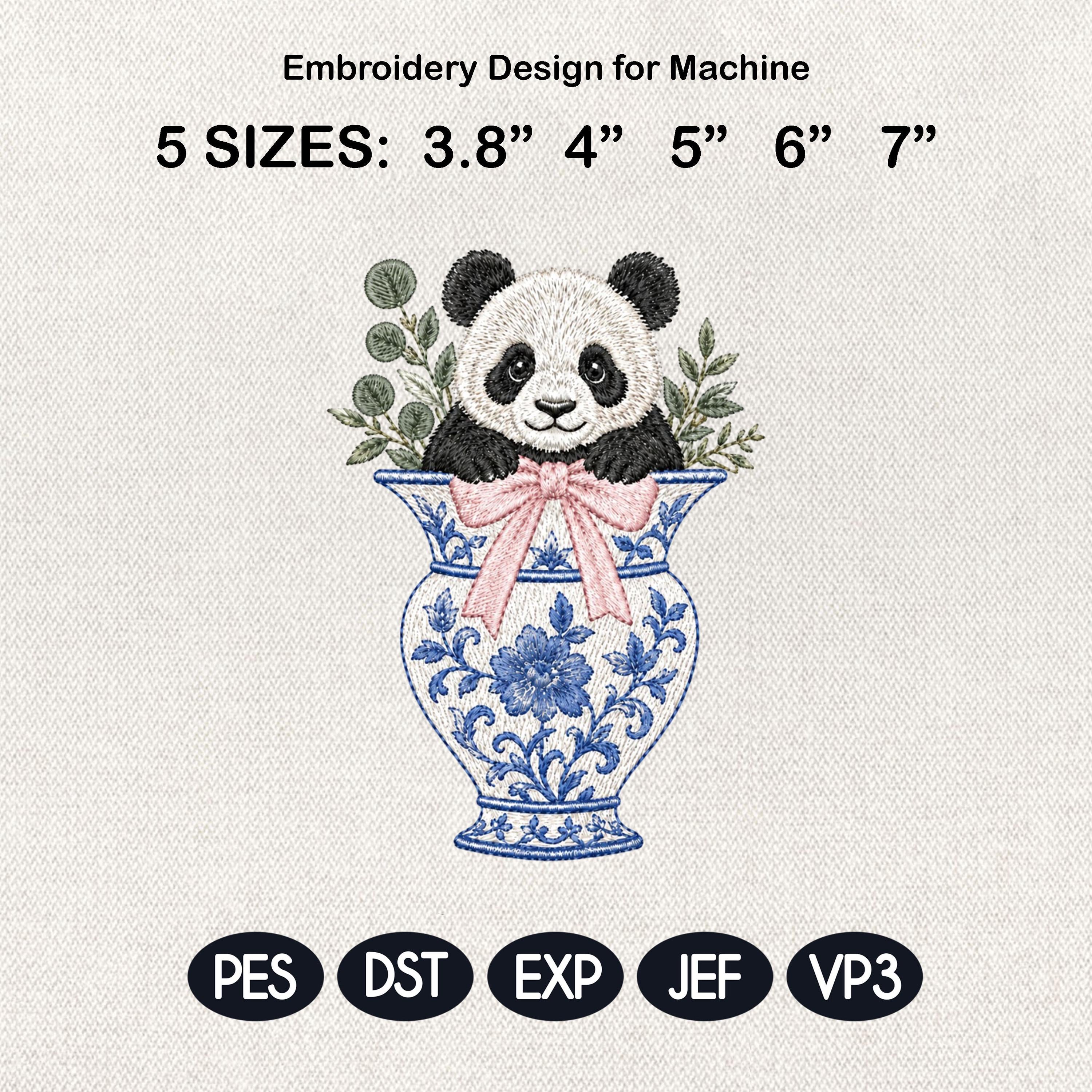 Panda Chinoiserie Vase Embroidery Design, Cute Baby Panda Machine File, 5 Sizes, Digital Download