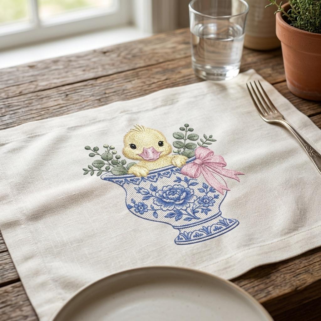 Duckling Chinoiserie Vase Embroidery Design, Cute Baby Duck Machine File, 5 Sizes, Digital Download - image 3