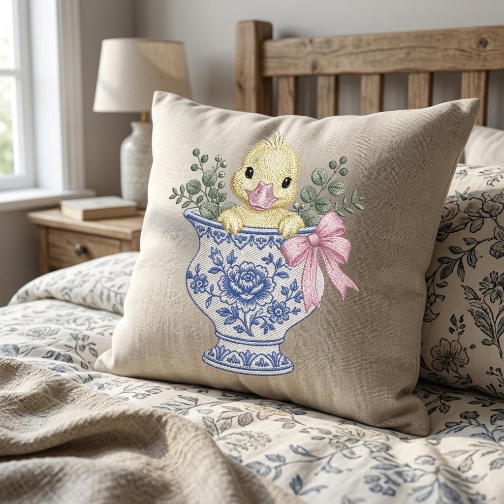 Duckling Chinoiserie Vase Embroidery Design, Cute Baby Duck Machine File, 5 Sizes, Digital Download - image 5