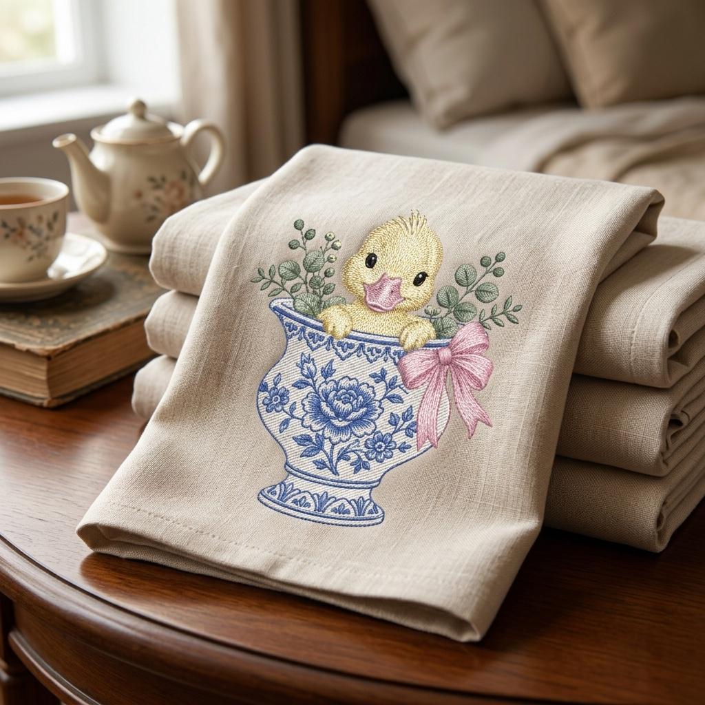 Duckling Chinoiserie Vase Embroidery Design, Cute Baby Duck Machine File, 5 Sizes, Digital Download - image 4