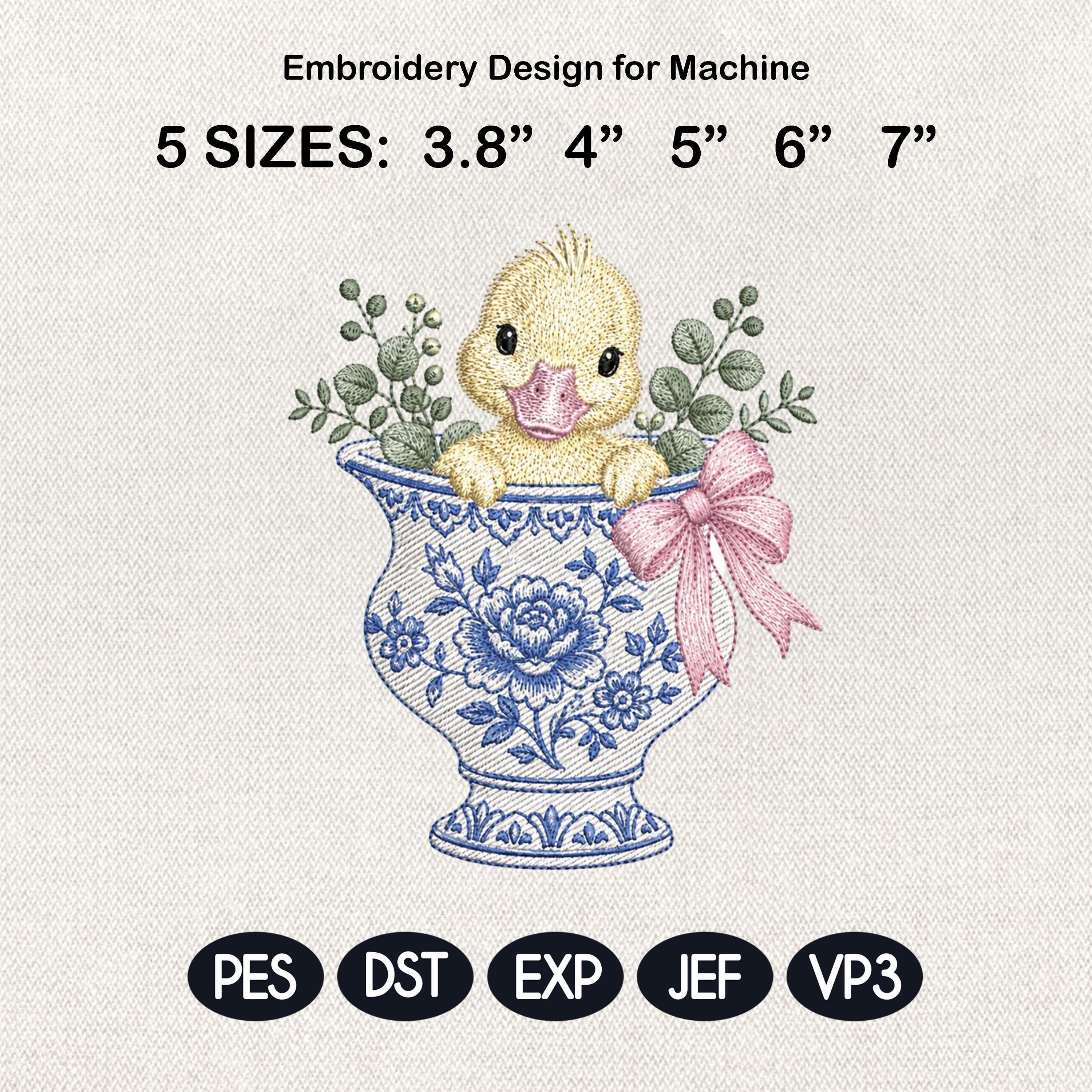Duckling Chinoiserie Vase Embroidery Design, Cute Baby Duck Machine File, 5 Sizes, Digital Download