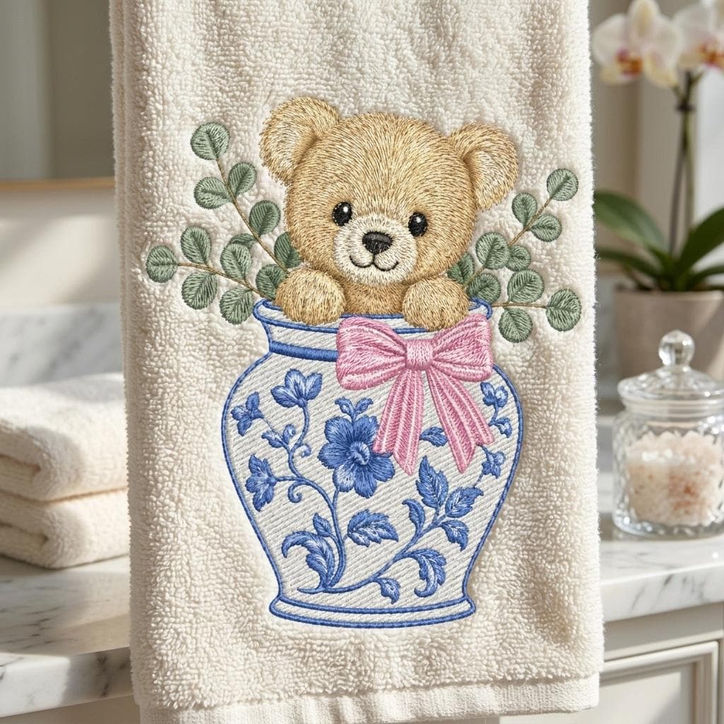 Teddy Bear Chinoiserie Vase Embroidery Design, Cute Bear Nursery Machine File, 5 Sizes, Digital Download - image 5