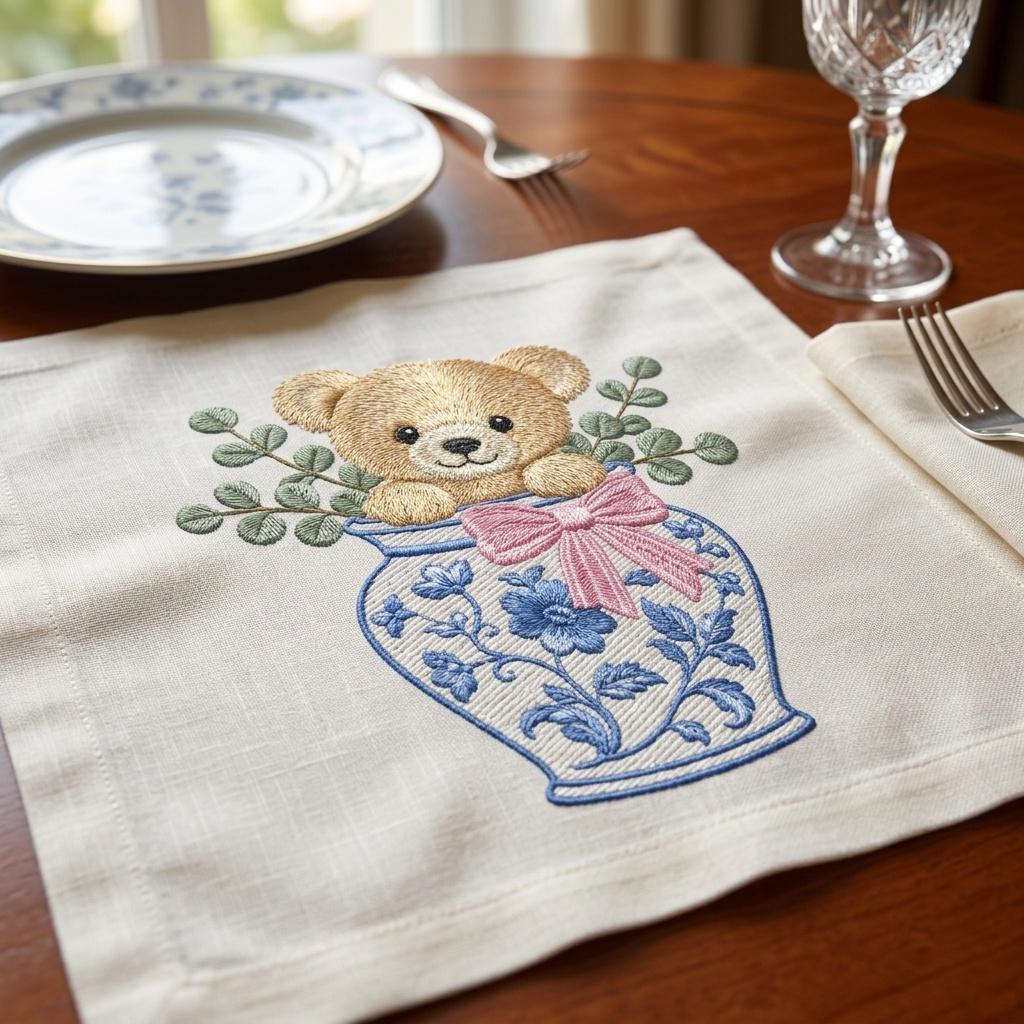 Teddy Bear Chinoiserie Vase Embroidery Design, Cute Bear Nursery Machine File, 5 Sizes, Digital Download - image 4