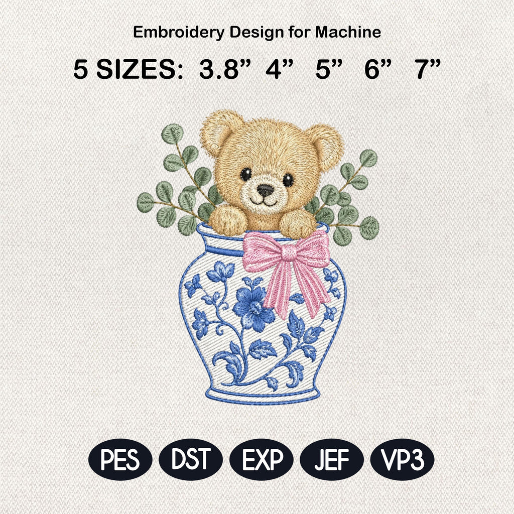 Teddy Bear Chinoiserie Vase Embroidery Design, Cute Bear Nursery Machine File, 5 Sizes, Digital Download