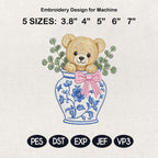 Teddy Bear Chinoiserie Vase Embroidery Design, Cute Bear Nursery Machine File, 5 Sizes, Digital Download