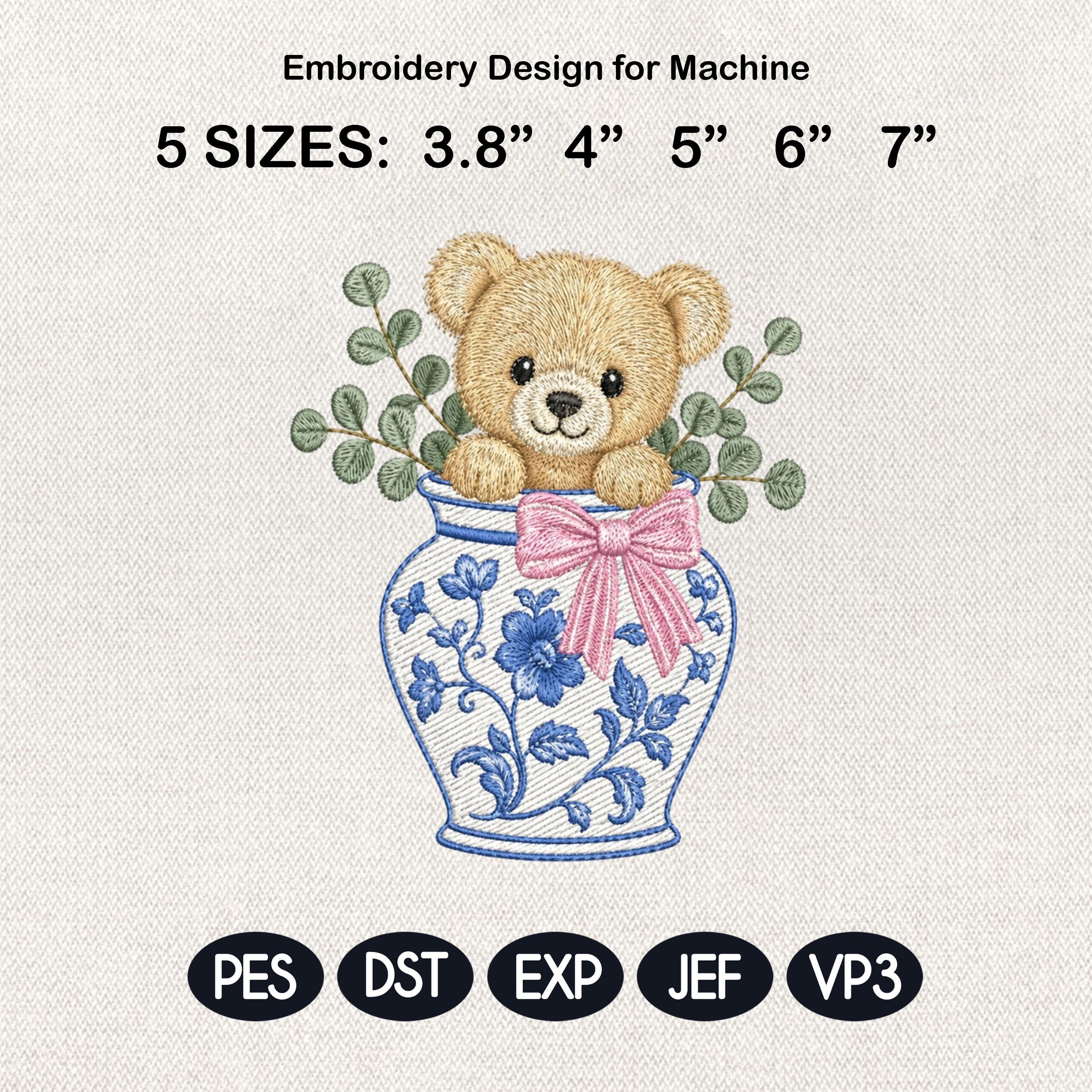 Teddy Bear Chinoiserie Vase Embroidery Design, Cute Bear Nursery Machine File, 5 Sizes, Digital Download