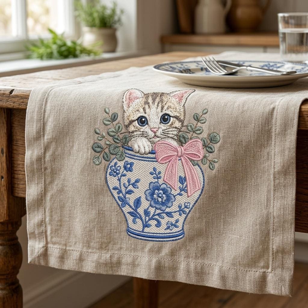 Kitten Chinoiserie Vase Embroidery Design, Cute Cat Floral Machine Embroidery File, 5 Sizes, Digital Download - image 4