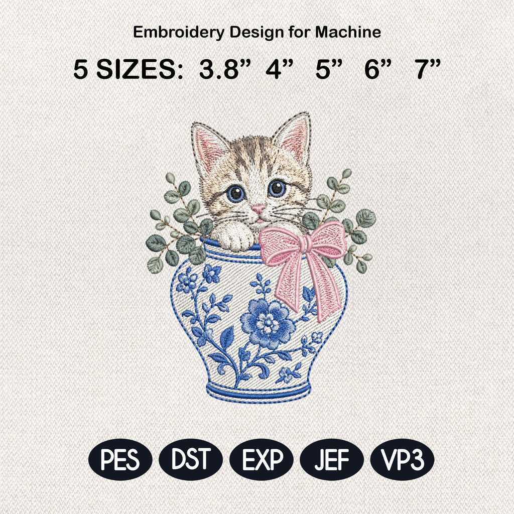 Kitten Chinoiserie Vase Embroidery Design, Cute Cat Floral Machine Embroidery File, 5 Sizes, Digital Download