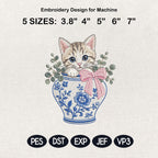 Kitten Chinoiserie Vase Embroidery Design, Cute Cat Floral Machine Embroidery File, 5 Sizes, Digital Download