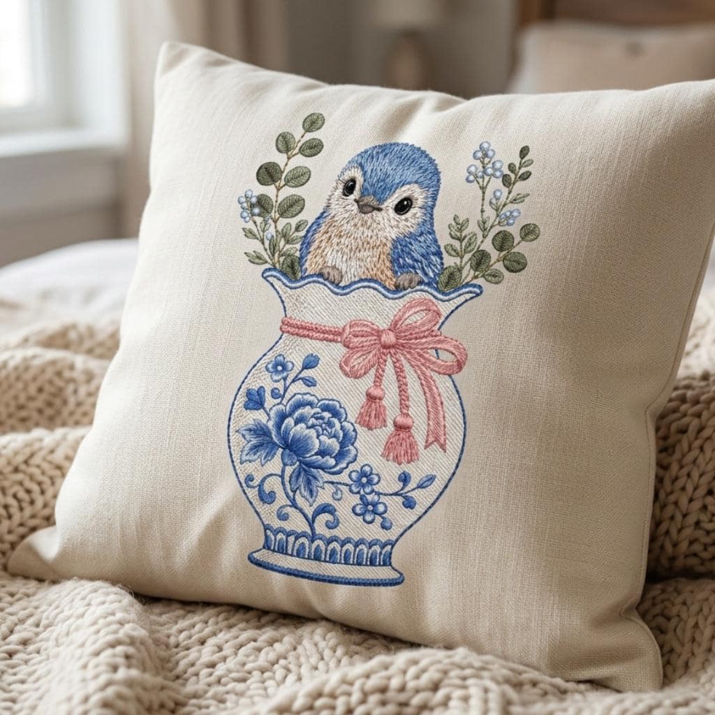 Blue Bird Chinoiserie Vase Embroidery Design, Floral Bird Machine File, 5 Sizes, Digital Download - image 6