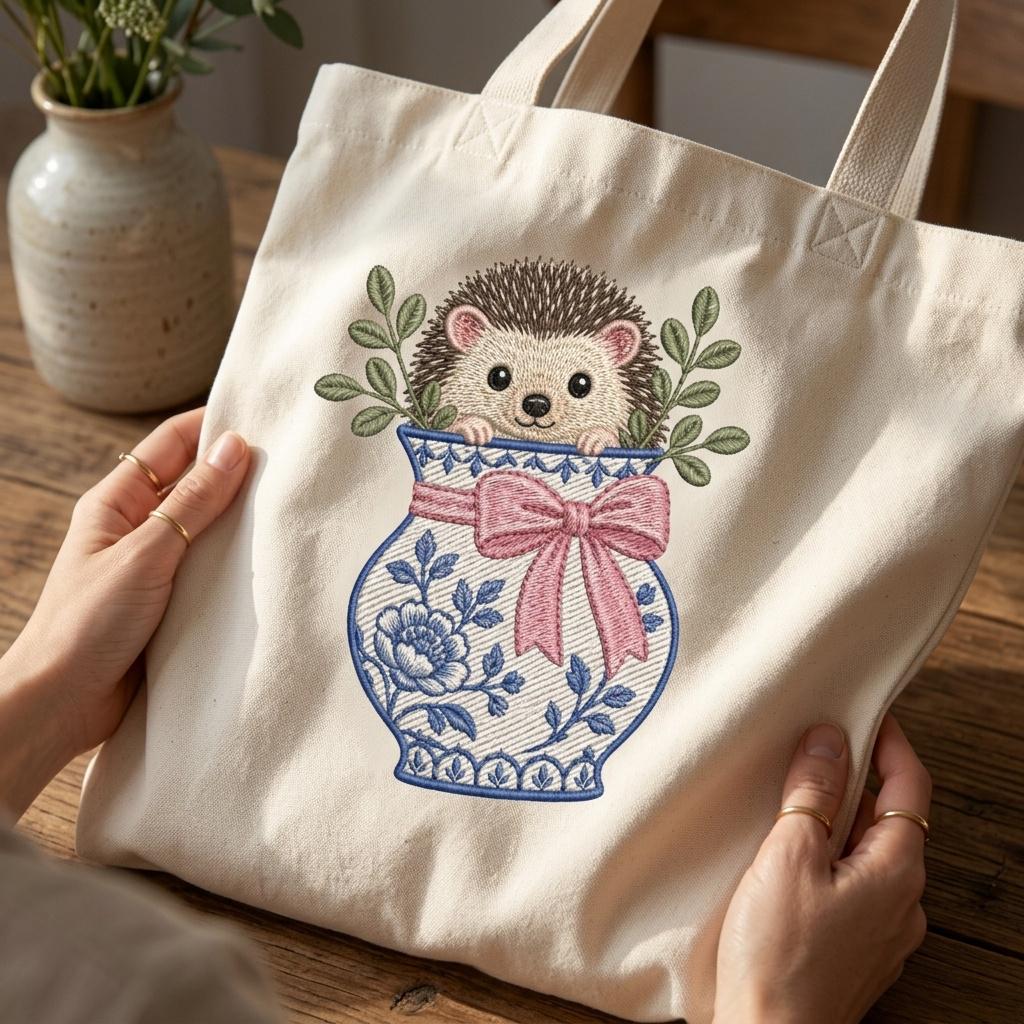 Hedgehog Chinoiserie Vase Embroidery Design, Cute Woodland Machine File, 5 Sizes, Digital Download - image 6