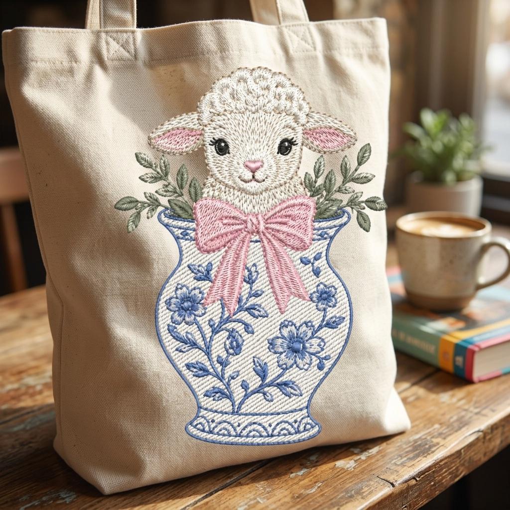 Lamb Chinoiserie Vase Embroidery Design, Cute Baby Sheep Machine File, 5 Sizes, Digital Download - image 6