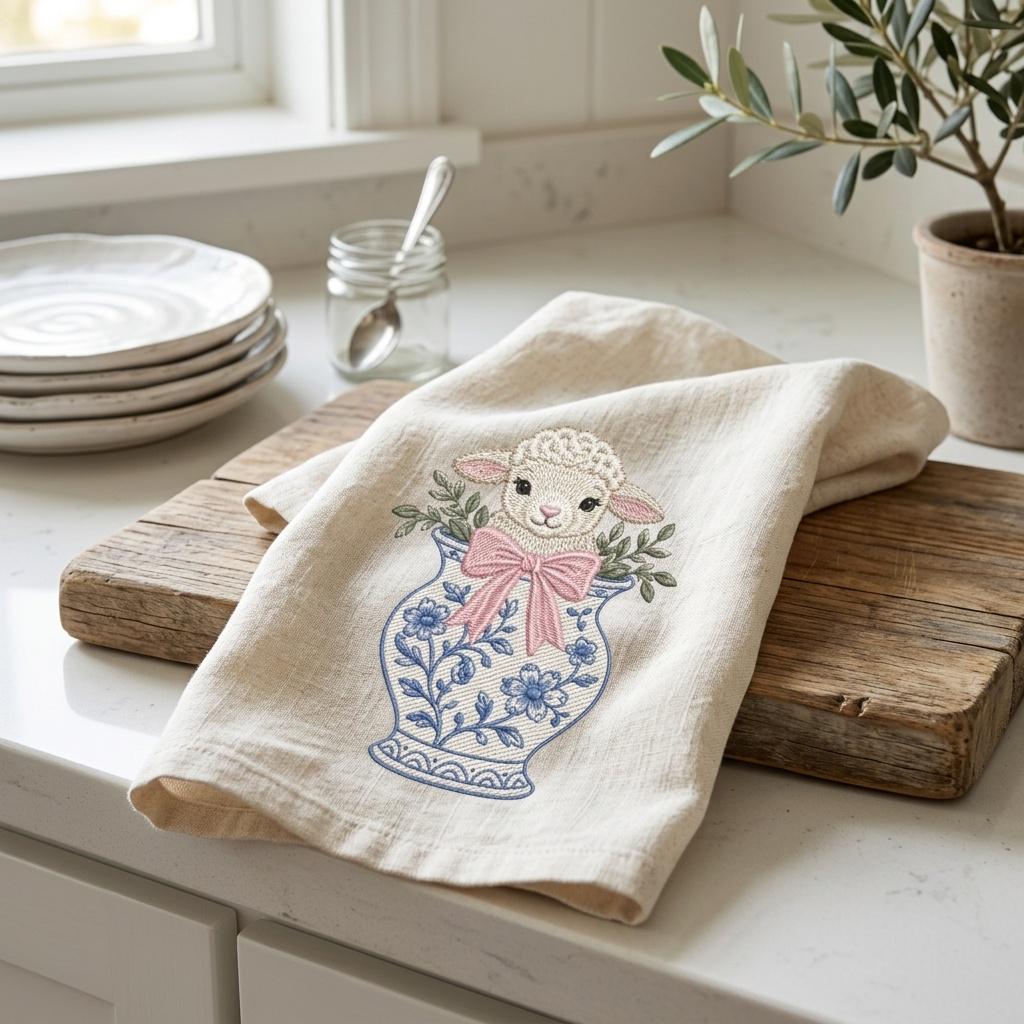Lamb Chinoiserie Vase Embroidery Design, Cute Baby Sheep Machine File, 5 Sizes, Digital Download - image 5