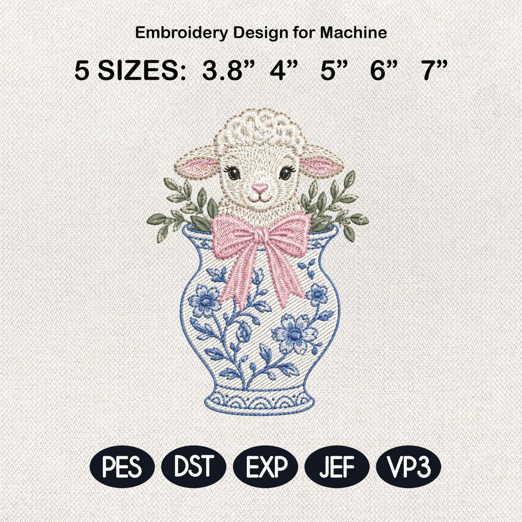 Lamb Chinoiserie Vase Embroidery Design, Cute Baby Sheep Machine File, 5 Sizes, Digital Download