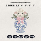 Lamb Chinoiserie Vase Embroidery Design, Cute Baby Sheep Machine File, 5 Sizes, Digital Download