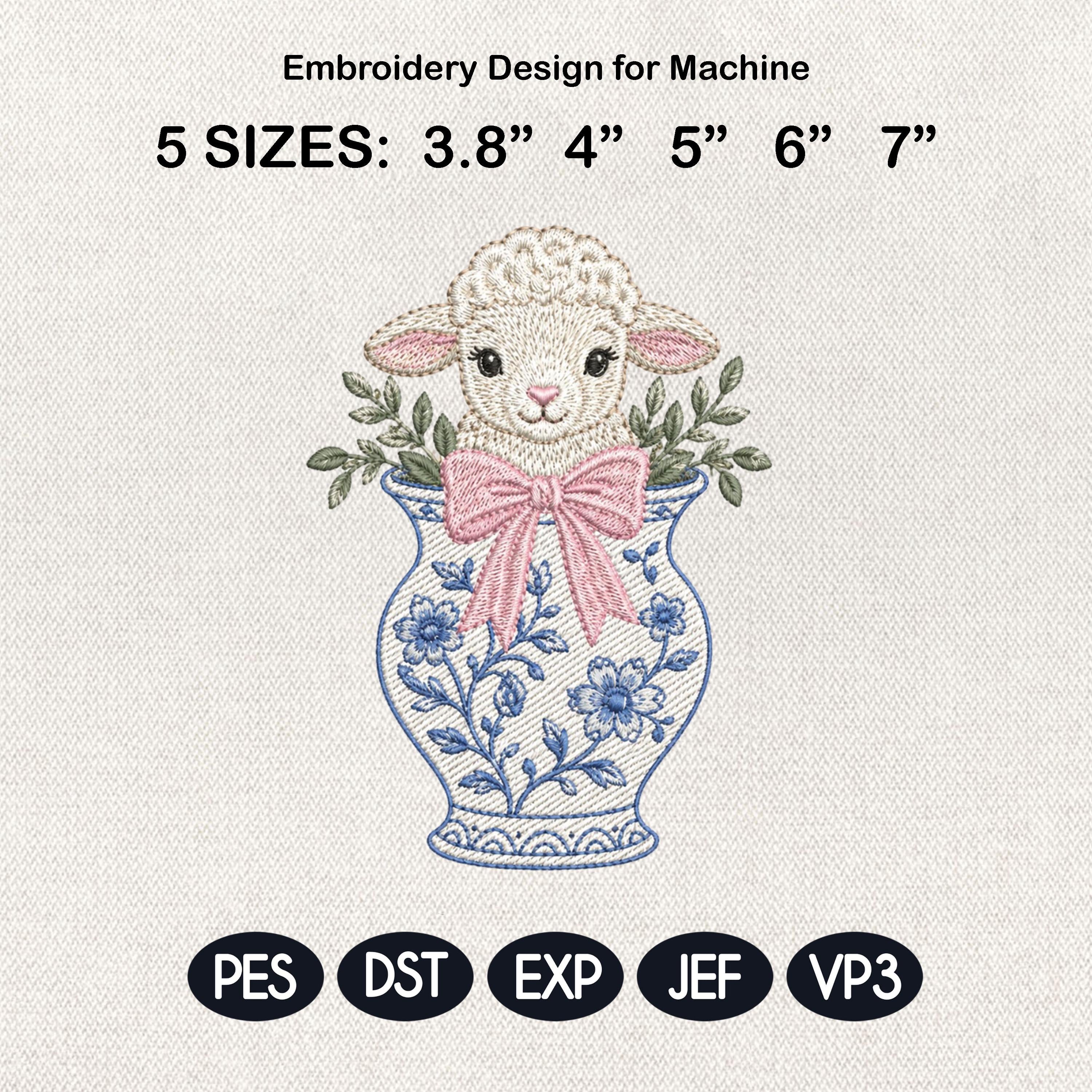 Lamb Chinoiserie Vase Embroidery Design, Cute Baby Sheep Machine File, 5 Sizes, Digital Download