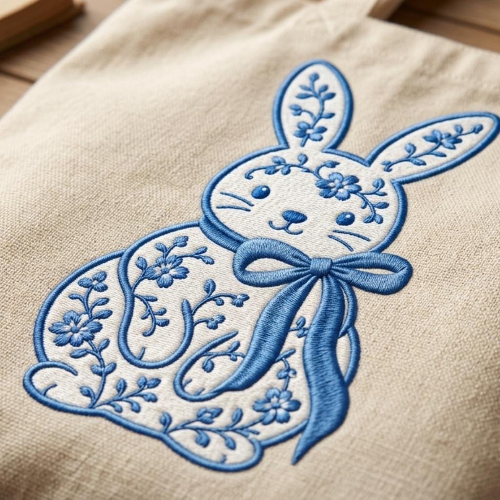 Chinoiserie Bunny Embroidery Design, Easter Rabbit With Bow Machine File, 5 Sizes Digital Download - image 6