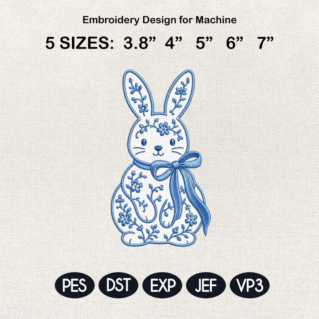 Chinoiserie Bunny Embroidery Design, Easter Rabbit With Bow Machine File, 5 Sizes Digital Download