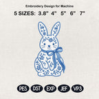 Chinoiserie Bunny Embroidery Design, Easter Rabbit With Bow Machine File, 5 Sizes Digital Download