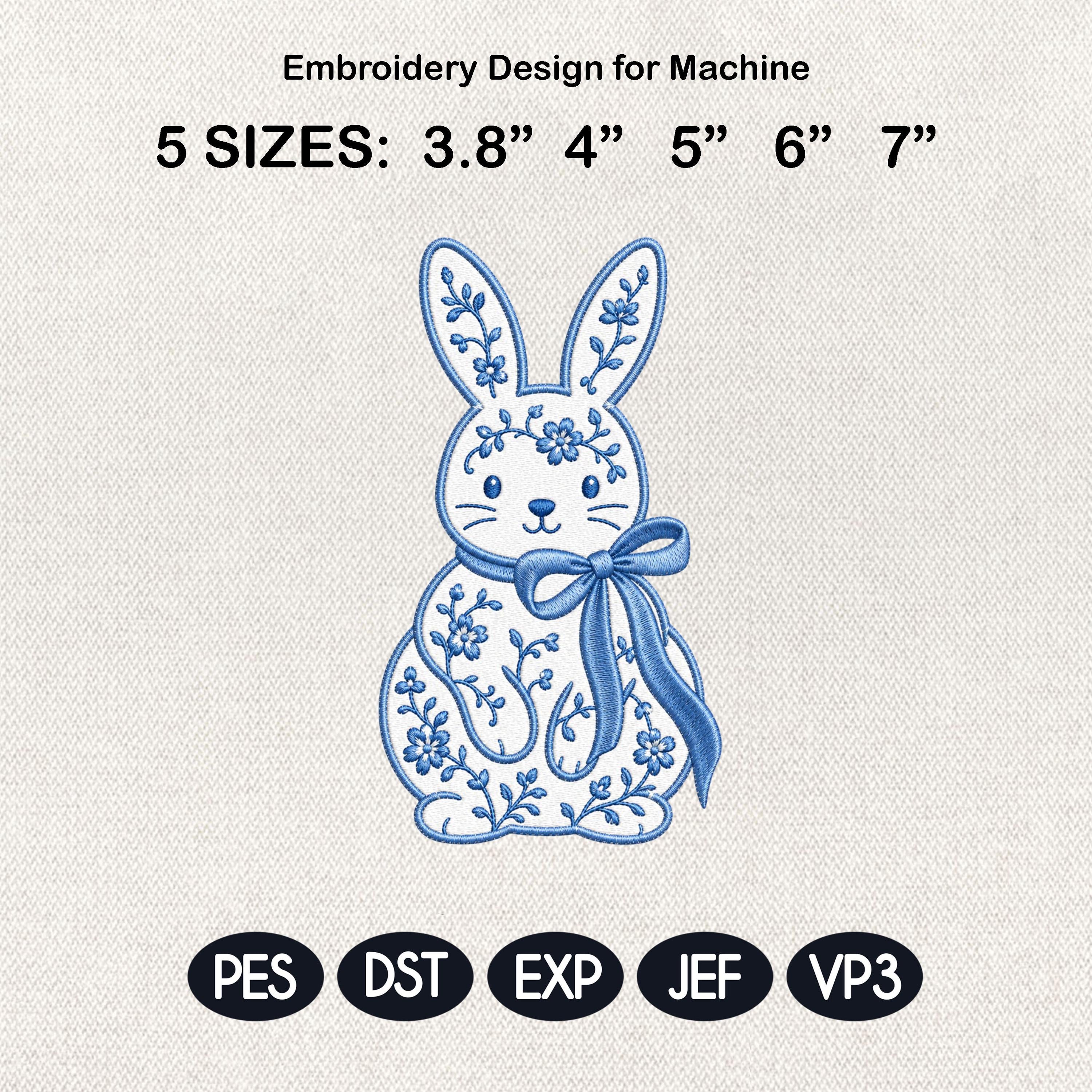 Chinoiserie Bunny Embroidery Design, Easter Rabbit With Bow Machine File, 5 Sizes Digital Download