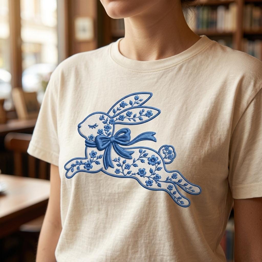 Running Chinoiserie Rabbit Embroidery Design, Floral Bunny With Bow Machine File, 5 sizes, Digital Download - image 4