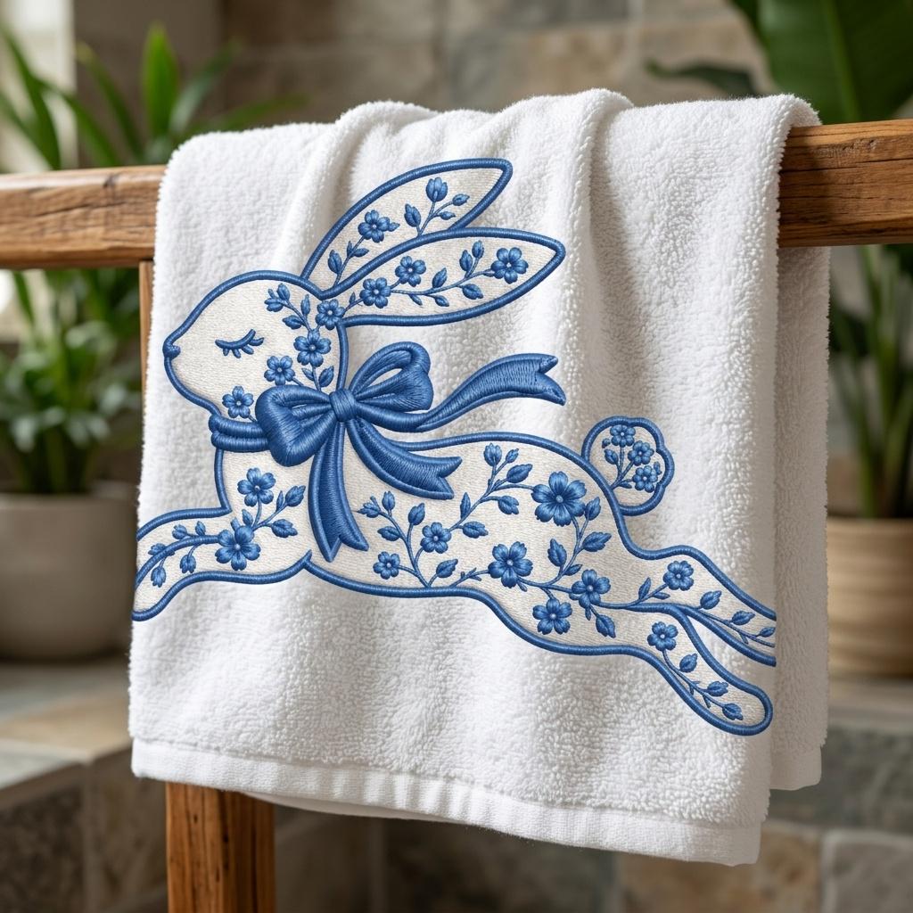 Running Chinoiserie Rabbit Embroidery Design, Floral Bunny With Bow Machine File, 5 sizes, Digital Download - image 5