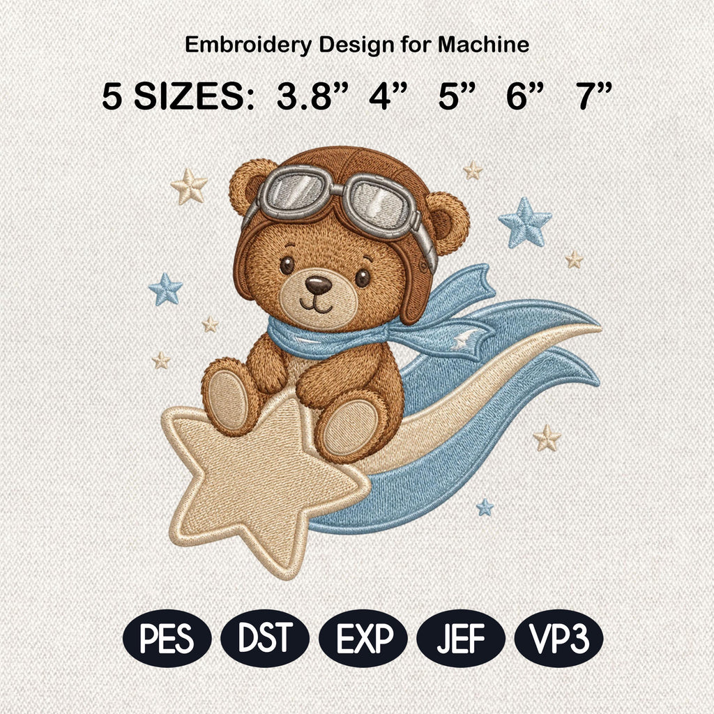 Pilot Teddy Bear Embroidery Design, Aviator Bear Riding Shooting Star Machine Embroidery File, Baby Boy Pattern, 5 sizes, Digital Download