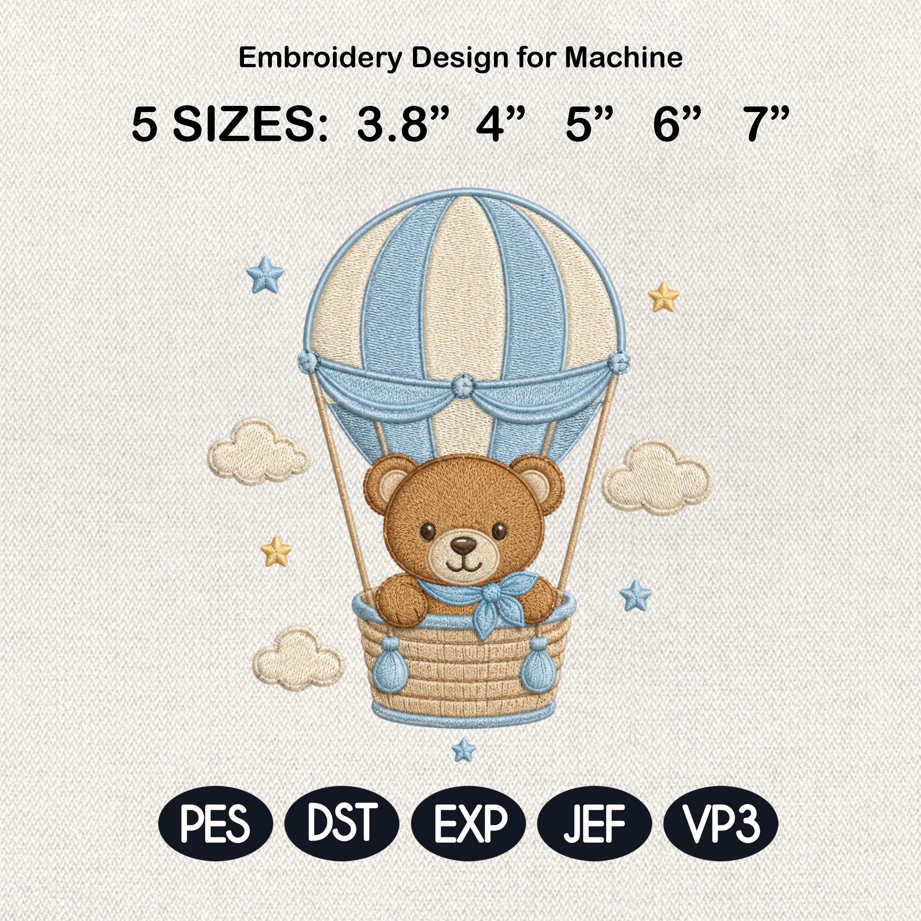 Teddy Bear Hot Air Balloon Embroidery Design, Baby Boy Nursery Machine Embroidery File, 5 sizes, Digital Download