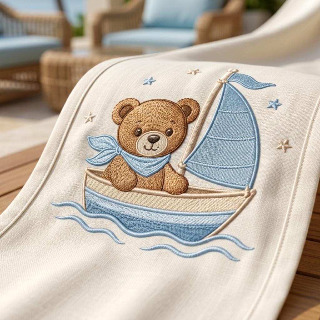 Teddy Bear Sailboat Embroidery Design, Nautical Baby Boy Machine Embroidery File, Nursery Pattern, 5 sizes, Digital Download - image 7