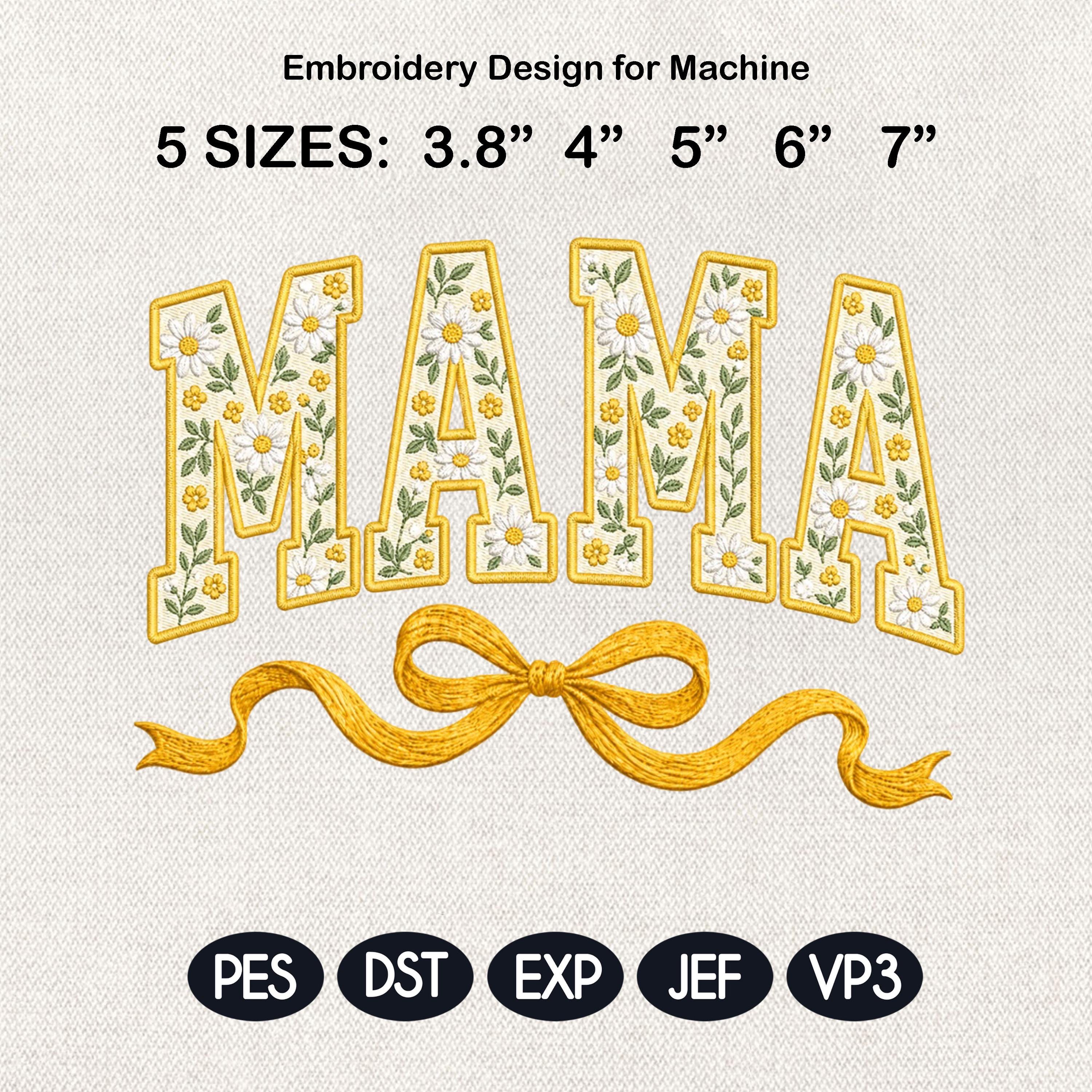 Daisy Mama Embroidery Design, Yellow Floral Mom Bow Machine Embroidery File, Spring Mom Pattern, 5 sizes, Digital Download