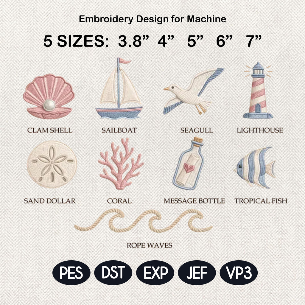 Coastal Mini Embroidery Bundle, Seashell Sailboat Lighthouse Fish Beach Machine Embroidery File, 5 Sizes, Digital Instant Download