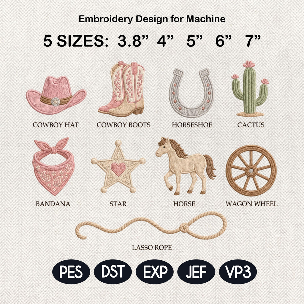 Western Mini Embroidery Bundle, Cowboy Hat Boots Cactus Horse Machine Embroidery File, 5 Sizes, Digital Instant Download
