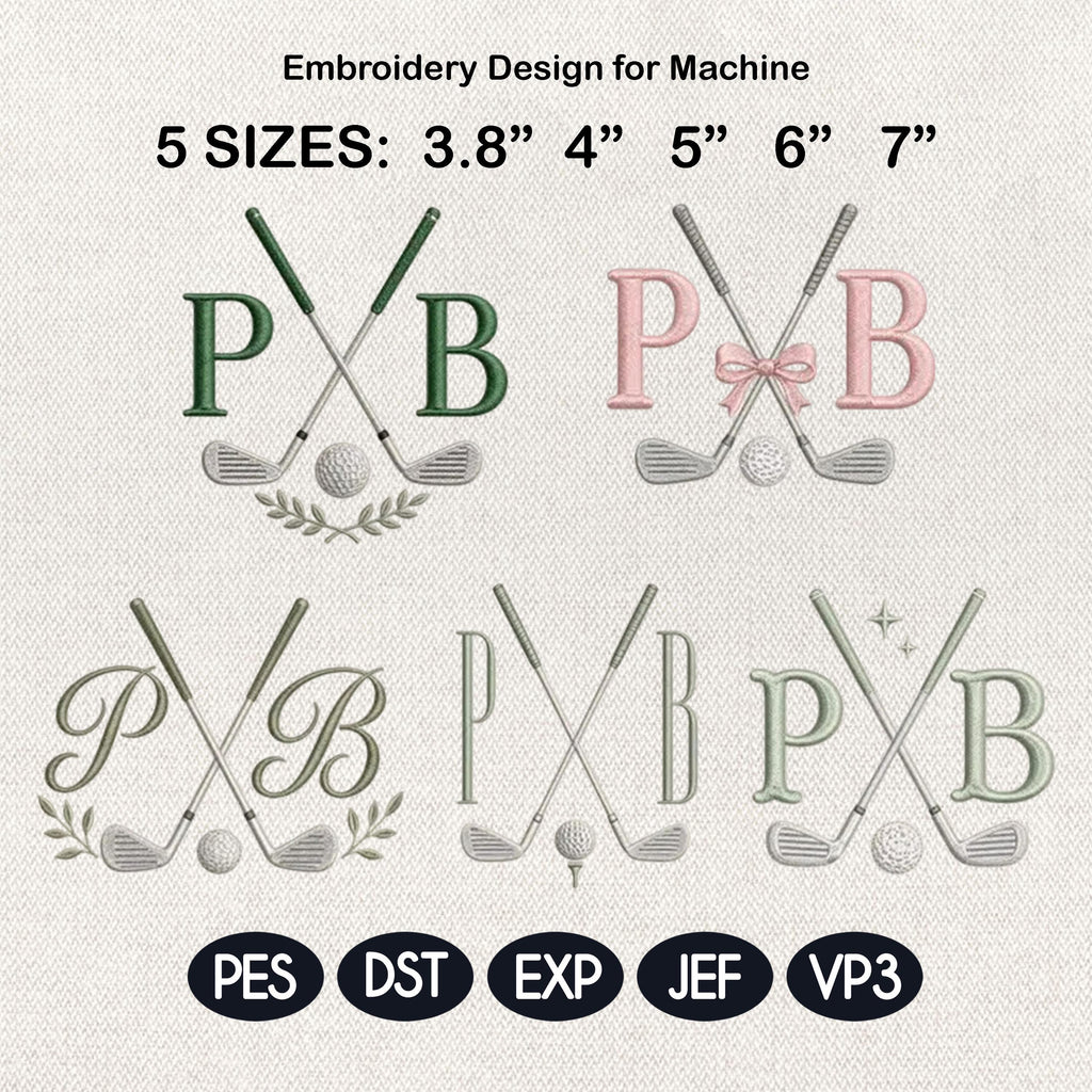 Golf Monogram Embroidery Design, Pickleball Style Initial Machine Embroidery File, Preppy Sports, 5 Sizes, Digital Instant Download