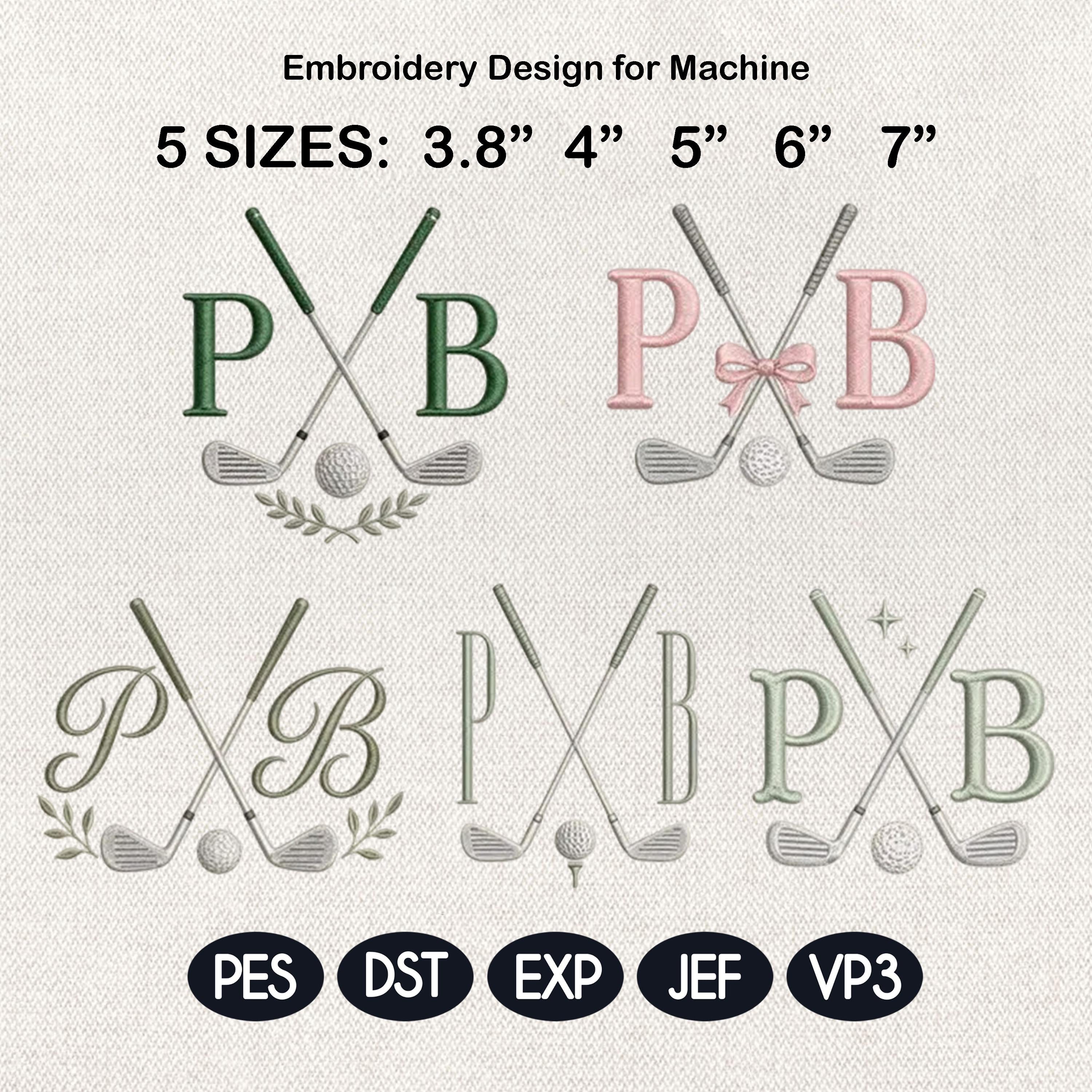 Golf Monogram Embroidery Design, Pickleball Style Initial Machine Embroidery File, Preppy Sports, 5 Sizes, Digital Instant Download