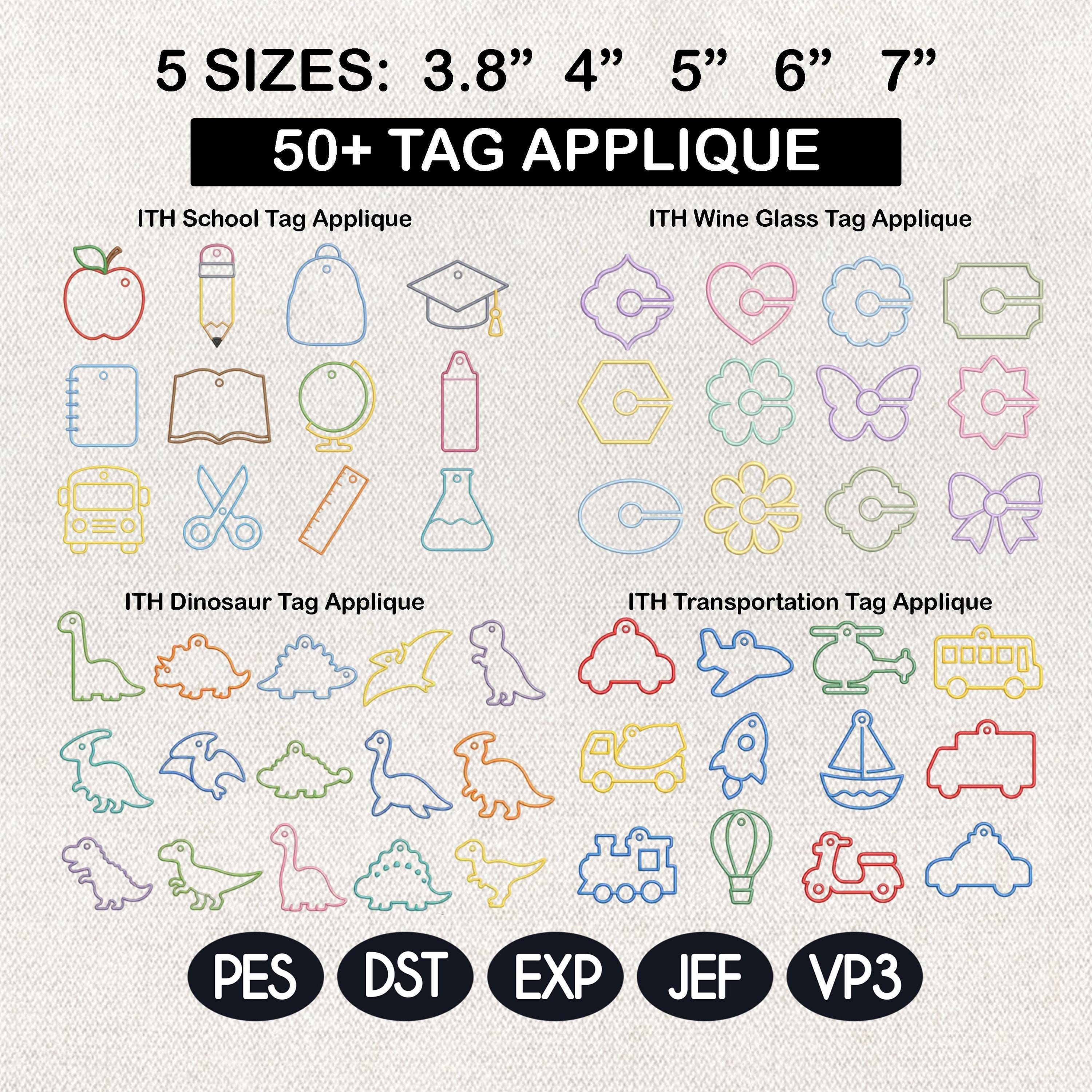 50+ ITH Tag Applique Bundle, School Wine Dinosaur Transport Keychain, Bag Charm Name Tag Embroidery File, 5 Sizes, Digital Instant Download