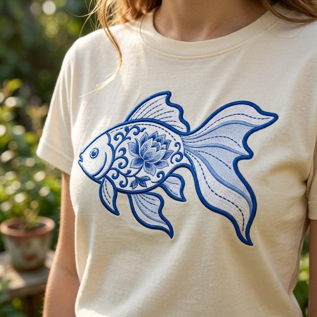 Chinoiserie Goldfish Embroidery Design, Blue Floral Fish Machine Embroidery File, Coastal Koi Stitch Pattern, 5 sizes, Digital Download - image 3