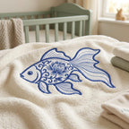 Chinoiserie Goldfish Embroidery Design, Blue Floral Fish Machine Embroidery File, Coastal Koi Stitch Pattern, 5 sizes, Digital Download - image 4