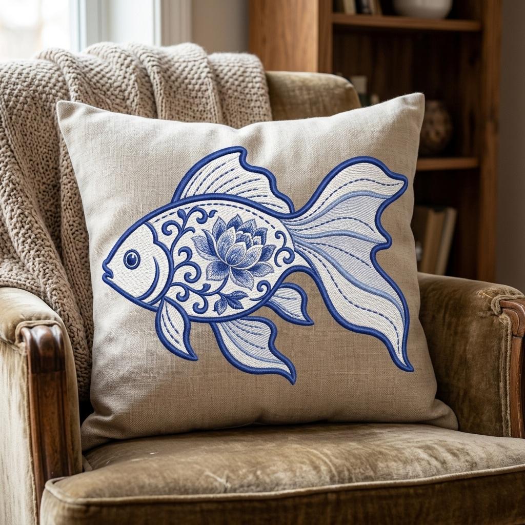 Chinoiserie Goldfish Embroidery Design, Blue Floral Fish Machine Embroidery File, Coastal Koi Stitch Pattern, 5 sizes, Digital Download - image 5