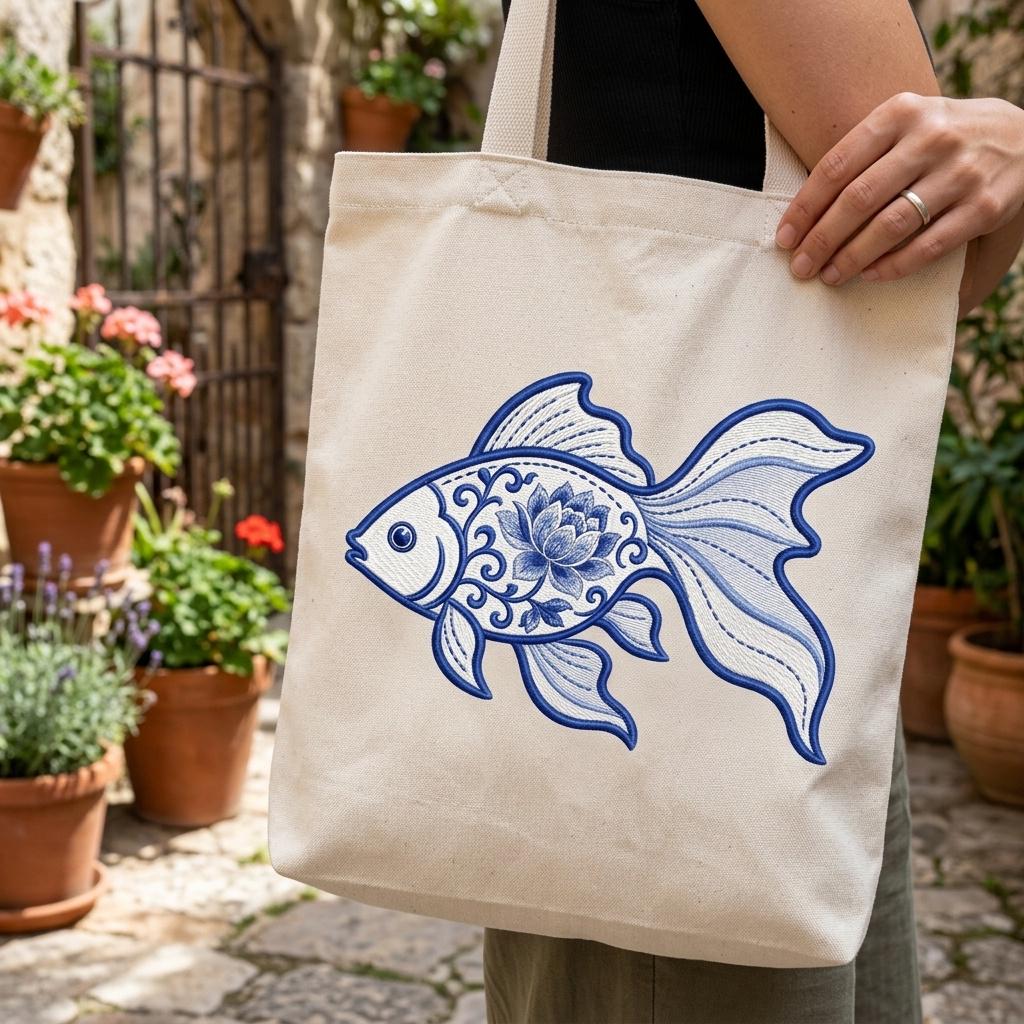 Chinoiserie Goldfish Embroidery Design, Blue Floral Fish Machine Embroidery File, Coastal Koi Stitch Pattern, 5 sizes, Digital Download - image 6