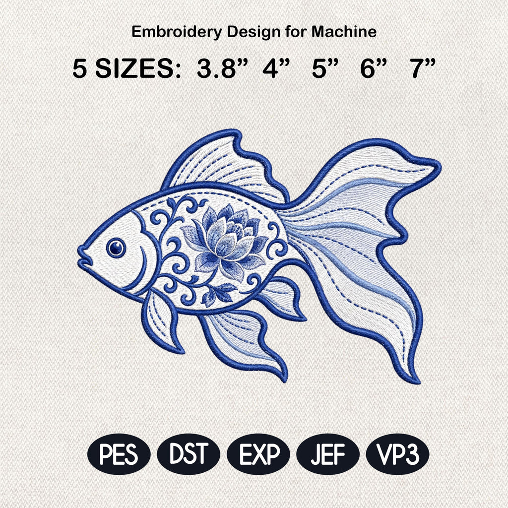 Chinoiserie Goldfish Embroidery Design, Blue Floral Fish Machine Embroidery File, Coastal Koi Stitch Pattern, 5 sizes, Digital Download